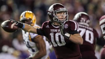 Nov 27, 2014; College Station, TX, USA; Texas A&M Aggies quarterback Kyle Allen (10) attempts a pass during the first quarter against the LSU Tigers at Kyle Field. Mandatory Credit: Troy Taormina-USA TODAY Sports