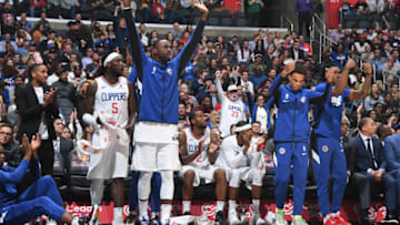 LOS ANGELES, CA - OCTOBER 28: The LA Clippers clebrates a play against the Charlotte Hornets on October 28, 2019 at STAPLES Center in Los Angeles, California. NOTE TO USER: User expressly acknowledges and agrees that, by downloading and/or using this Photograph, user is consenting to the terms and conditions of the Getty Images License Agreement. Mandatory Copyright Notice: Copyright 2019 NBAE (Photo by Andrew D. Bernstein/NBAE via Getty Images)