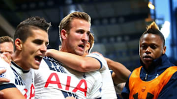 LONDON, ENGLAND - MAY 02: Harry Kane of Tottenham Hotspur celebrates with teammates after scoring the opening goal during the Barclays Premier League match between Chelsea and Tottenham Hotspur at Stamford Bridge on May 02, 2016 in London, England.jd (Photo by Tottenham Hotspur FC/Tottenham Hotspur FC via Getty Images)