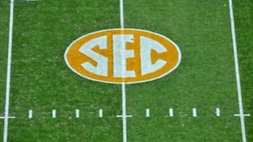 Nov 10, 2012; Knoxville, TN, USA; A general view of the SEC logo on the field prior to the game between the Tennessee Volunteers and Missouri Tigers at Neyland Stadium. Missouri defeated Tennessee 51-48 in quadruple overtime. Mandatory Credit: Jim Brown-USA TODAY Sports