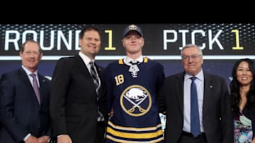 DALLAS, TX - JUNE 22: Rasmus Dahlin poses after being selected first overall by the Buffalo Sabres during the first round of the 2018 NHL Draft at American Airlines Center on June 22, 2018 in Dallas, Texas. (Photo by Bruce Bennett/Getty Images)
