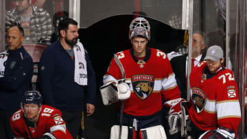 SUNRISE, FL - NOVEMBER 24: Goaltender Sam Montembeault #33 and fellowGoaltender Sergei Bobrovsky #72 of the Florida Panthers on the bench while a extra attacker is in against the Buffalo Sabres at the BB&T Center on November 24, 2019 in Sunrise, Florida. (Photo by Eliot J. Schechter/NHLI via Getty Images)