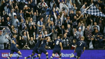 KANSAS CITY, KANSAS - MARCH 07: Roger Espinoza #15 of Sporting Kansas City celebrates after scoring during the 1st half of the game against the Houston Dynamo at Children's Mercy Park on March 07, 2020 in Kansas City, Kansas. (Photo by Jamie Squire/Getty Images)