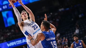 Finland's Lauri Markkanen shoots during the FIBA Basketball World Cup group O game between Finland and Venezuela at Okinawa Arena in Okinawa on September 2, 2023. (Photo by Yuichi YAMAZAKI / AFP) (Photo by YUICHI YAMAZAKI/AFP via Getty Images)