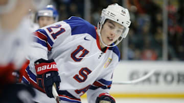 VICTORIA , BC - JANUARY 2: Noah Cates #21 of the United States skates during a quarter-final game versus the Czech Republic at the IIHF World Junior Championships at the Save-on-Foods Memorial Centre on January 2, 2019 in Victoria, British Columbia, Canada. (Photo by Kevin Light/Getty Images)