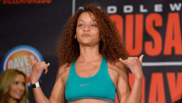 UNCASVILLE, CT - OCTOBER 19: Lisa Blaine pose for photos at the weigh-in. Ana Julaton will be challenging Lisa Blaine in a Flyweight bout on October 19, 2017 at Bellator 185 at the Mohegan Sun Arena in Uncasville, Connecticut. (Photo by Williams Paul/Icon Sportswire via Getty Images)