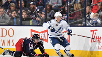 COLUMBUS, OH - OCTOBER 19: Vladislav Namestnikov #90 of the Tampa Bay Lightning skates against the Columbus Blue Jackets on October 19, 2017 at Nationwide Arena in Columbus, Ohio. (Photo by Jamie Sabau/NHLI via Getty Images)