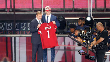 ARLINGTON, TX - APRIL 26: Josh Rosen of UCLA poses with NFL Commissioner Roger Goodell after being picked #10 overall by the Arizona Cardinals during the first round of the 2018 NFL Draft at AT&T Stadium on April 26, 2018 in Arlington, Texas. (Photo by Tim Warner/Getty Images)