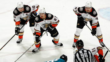 SAN JOSE, CA - APRIL 18: Corey Perry #10, Rickard Rakell #67 and Hampus Lindholm #47 of the Anaheim Ducks get ready in Game Four of the Western Conference First Round against the San Jose Sharks during the 2018 NHL Stanley Cup Playoffs at SAP Center on April 18, 2018 in San Jose, California. (Photo by Scott Dinn/NHLI via Getty Images)