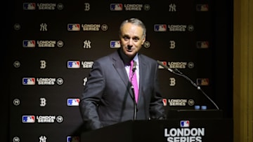 LONDON, ENGLAND - MAY 8: Commissioner of Baseball Robert D. Manfred Jr. speaks during the announcement of the 2019 London Series between the New York Yankees and the Boston Red Sox in London, England on Tuesday, May 8, 2018. (Photo by Alex Trautwig/MLB Photos)