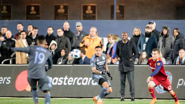 NEW YORK, NEW YORK - April 11: Patrick Vieira, head coach of New York City FC on the sideline during the New York City FC Vs Real Salt Lake regular season MLS game at Yankee Stadium on April 11, 2018 in New York City. (Photo by Tim Clayton/Corbis via Getty Images)