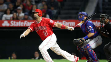 ANAHEIM, CA - May 25: Albert Pujols #5 of the Los Angeles Angels bats during the game against the Texas Rangers at Angel Stadium on May 25, 2019 in Anaheim, California. The Angels defeated the Rangers 3-2. (Photo by Rob Leiter/MLB Photos via Getty Images)
