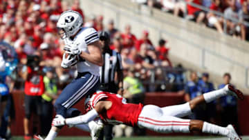MADISON, WI - SEPTEMBER 15: Talon Shumway #21 of the BYU Cougars catches a pass near the sideline for a first down in the second quarter of the game against the Wisconsin Badgers at Camp Randall Stadium on September 15, 2018 in Madison, Wisconsin. (Photo by Joe Robbins/Getty Images)
