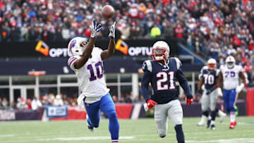 FOXBORO, MA - DECEMBER 24: Deonte Thompson #10 of the Buffalo Bills catches a pass as he is defended by Malcolm Butler #21 of the New England Patriots during the second quarter of a game at Gillette Stadium on December 24, 2017 in Foxboro, Massachusetts. (Photo by Tim Bradbury/Getty Images)