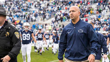 UNIVERSITY PARK, PA - SEPTEMBER 02: Head coach James Franklin of the Penn State Nittany Lions walks onto the field for post game handshakes after the game against the Akron Zips on September 2, 2017 at Beaver Stadium in University Park, Pennsylvania. Penn State defeats Akron 52-0. (Photo by Brett Carlsen/Getty Images)