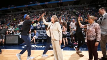 MINNEAPOLIS, MN- JULY 17: Cheryl Reeve of the Minnesota Lynx high-fives teammates before the game against the Seattle Storm on July 17, 2019 at the Target Center in Minneapolis, Minnesota NOTE TO USER: User expressly acknowledges and agrees that, by downloading and or using this photograph, User is consenting to the terms and conditions of the Getty Images License Agreement. Mandatory Copyright Notice: Copyright 2019 NBAE (Photo by David Sherman/NBAE via Getty Images)