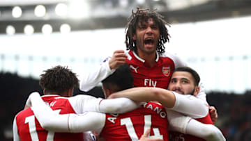 LONDON, ENGLAND - MARCH 11: Pierre-Emerick Aubameyang of Arsenal celebrates scoring the 2nd Arsenal goal with Mohamed Elneny of Arsenal during the Premier League match between Arsenal and Watford at Emirates Stadium on March 11, 2018 in London, England. (Photo by Julian Finney/Getty Images)