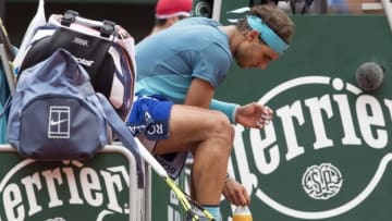May 26, 2016; Paris, France; Rafael Nadal (ESP) at a change of ends during his match against Facundo Bagnis (ARG) on day five of the 2016 French Open. Mandatory Credit: Susan Mullane-USA TODAY Sports