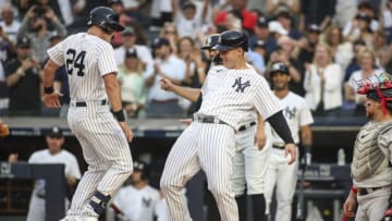 Jul 16, 2022; Bronx, New York, USA; New York Yankees right fielder Matt Carpenter (24) celebrates with first baseman Anthony Rizzo (48) after hitting a three run home run in the first inning against the Boston Red Sox at Yankee Stadium. Mandatory Credit: Wendell Cruz-USA TODAY Sports