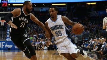 Mar 29, 2016; Orlando, FL, USA; Orlando Magic guard Brandon Jennings (55) drives to the basket as Brooklyn Nets guard Wayne Ellington (21) defends during the second quarter at Amway Center. Mandatory Credit: Kim Klement-USA TODAY Sports