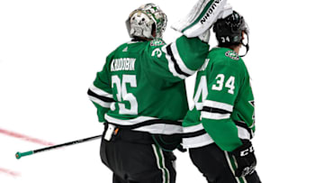 EDMONTON, ALBERTA - SEPTEMBER 28: Anton Khudobin #35 of the Dallas Stars taps Denis Gurianov #34 on the head after Gurianov blocks a shot against the Tampa Bay Lightning during the third period in Game Six of the 2020 NHL Stanley Cup Final at Rogers Place on September 28, 2020 in Edmonton, Alberta, Canada. (Photo by Bruce Bennett/Getty Images)