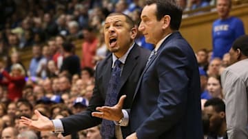 Feb 6, 2016; Durham, NC, USA; Duke Blue Devils associate head coach Jeff Capel questions a call by the officials in the first half of their game against the North Carolina State Wolfpack at Cameron Indoor Stadium. Mandatory Credit: Mark Dolejs-USA TODAY Sports