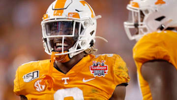 JACKSONVILLE, FL - JANUARY 02: Eric Gray #3 of the Tennessee Volunteers celebrates after a 16-yard touchdown run to give his team the lead in the fourth quarter of the TaxSlayer Gator Bowl against the Indiana Hoosiers at TIAA Bank Field on January 2, 2020 in Jacksonville, Florida. Tennessee defeated Indiana 23-22. (Photo by Joe Robbins/Getty Images)