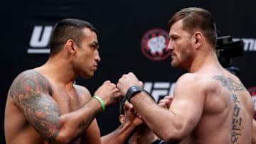 CURITIBA, BRAZIL - MAY 13: (L-R) Opponents Fabricio Werdum of Brazil and Stipe Miocic of the United States face off during the UFC 198 weigh-in at Arena da Baixada stadium on May 13, 2016 in Curitiba, Brazil. (Photo by Buda Mendes/Getty Images)