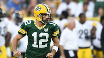 GREEN BAY, WI - AUGUST 16: Aaron Rodgers #12 of the Green Bay Packers reacts to a play during a preseason game against the Pittsburgh Steelers at Lambeau Field on August 16, 2018 in Green Bay, Wisconsin. The Packers defeated the Steelers 51-34. (Photo by Stacy Revere/Getty Images)