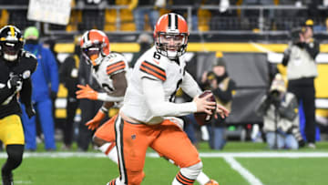 Jan 3, 2022; Pittsburgh, Pennsylvania, USA; Cleveland Browns quarterback Baker Mayfield (6) against the Pittsburgh Steelers during the second quarter at Heinz Field. Mandatory Credit: Philip G. Pavely-USA TODAY Sports