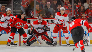 NEWARK, NJ - MARCH 27: Scott Darling #33 of the Carolina Hurricanes in action against the New Jersey Devils on March 27, 2018 at Prudential Center in Newark, New Jersey. The Devils defeated the Hurricanes 4-3. (Photo by Jim McIsaac/NHLI via Getty Images)
