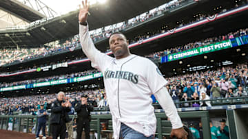 SEATTLE, WA - APRIL 14: Seattle Mariners Hall of Famer Ken Griffey Jr., acknowledges the crowd before the ceremonial first pitch prior to a game between the Texas Rangers and the Seattle Mariners at Safeco Field on April 14, 2017 in Seattle, Washington. The Mariners won 2-1. (Photo by Stephen Brashear/Getty Images)