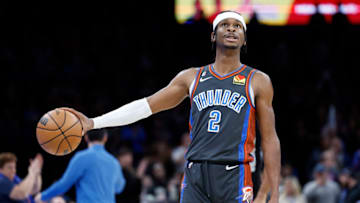 OKC Thunder guard Shai Gilgeous-Alexander (2) looks up a the scoreboard during the fourth quarter Alonzo Adams-USA TODAY Sports