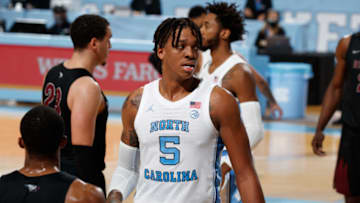 CHAPEL HILL, NC - DECEMBER 12: Armando Bacot #5 of the North Carolina Tar Heels looks on during a game against the North Carolina Central Eagles on December 12, 2020 at the Dean Smith Center in Chapel Hill, North Carolina. North Carolina won 67-73. (Photo by Peyton Williams/UNC/Getty Images)