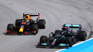 Max Verstappen, Red Bull, and Lewis Hamilton, Mercedes, Formula 1 (Photo by Bryn Lennon/Getty Images)