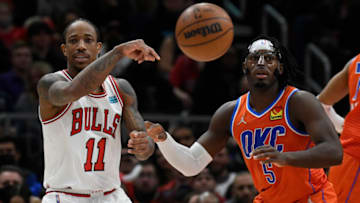 DeMar DeRozan (11) passes the ball against OKC Thunder forward Lu Dort: Matt Marton-USA TODAY Sports