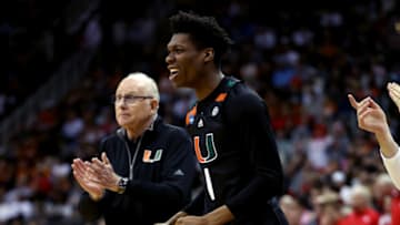 KANSAS CITY, MISSOURI - MARCH 24: Head coach Jim Larrañaga and Anthony Walker #1 of the Miami Hurricanes react to a play against the Houston Cougars during the second half in the Sweet 16 round of the NCAA Men's Basketball Tournament at T-Mobile Center on March 24, 2023 in Kansas City, Missouri. (Photo by Jamie Squire/Getty Images)