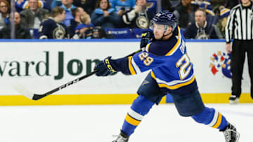 ST. LOUIS, MO - DECEMBER 16: St. Louis Blues' Vince Dunn takes a scores a power play goal during the third period of an NHL hockey game between the Winnipeg Jets and the St. Louis Blues. The St. Louis Blues defeated the Winnipeg Jets 2-0 on December 16, 2017, at Scottrade Center in St. Louis, MO. (Photo by Tim Spyers/Icon Sportswire via Getty Images)