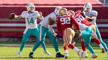 October 11, 2020; Santa Clara, California, USA; Miami Dolphins quarterback Ryan Fitzpatrick (14) passes the football during the third quarter against the San Francisco 49ers at Levi's Stadium. Mandatory Credit: Kyle Terada-USA TODAY Sports