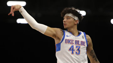 Lindy Waters III #43 of the Oklahoma City Blue plays against the Delaware Blue Coats during the NBA G League Winter Showcase at the Mandalay Bay Convention Center on December 22, 2021 in Las Vegas, Nevada. NOTE TO USER: User expressly acknowledges and agrees that, by downloading and/or using this photograph, User is consenting to the terms and conditions of the Getty Images License Agreement. (Photo by Joe Buglewicz/Getty Images)