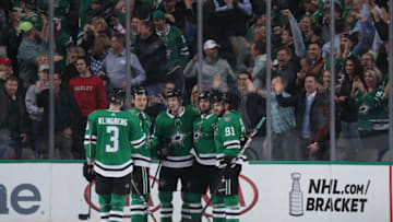 DALLAS, TX - APRIL 2: John Klingberg #3, Roope Hintz #24, Alexander Radulov #47, Esa Lindell #23 and Tyler Seguin #91 of the Dallas Stars celebrate a goal against the Philadelphia Flyers at the American Airlines Center on April 2, 2019 in Dallas, Texas. (Photo by Glenn James/NHLI via Getty Images)