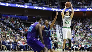 Oct 8, 2016; Uncasville, CT, USA; Boston Celtics guard R.J. Hunter (28) attempts a 3 point shot over Charlotte Hornets guard Ramon Sessions (7) in the 2nd quarter during a pre-season game at Mohegan Sun Arena. Mandatory Credit: Wendell Cruz-USA TODAY Sports