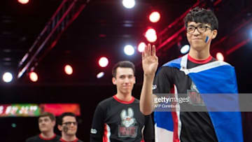 French video game player Hans Sama from the team Misfits Gaming waves to the public before competing in final of the "LCS", the first European division of the video game "League of Legends", between Misfits Gaming and G2 Esports at the AccorHotels Arena in Paris on September 3, 2017. / AFP PHOTO / CHRISTOPHE SIMON (Photo credit should read CHRISTOPHE SIMON/AFP/Getty Images)