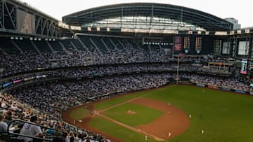 PHOENIX, AZ - MARCH 31: A aerial view of action as starting pitcher Zack Greinke #21 of the Arizona Diamondbacks delivers a pitch in the MLB game against the Colorado Rockies at Chase Field on March 31, 2018 in Phoenix, Arizona. (Photo by Jennifer Stewart/Getty Images)
