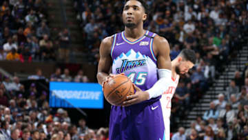 SALT LAKE CITY, UT - JANUARY 27: Donovan Mitchell #45 of the Utah Jazz shoots a free throw against the Houston Rockets on January 27, 2020 at Vivint Smart Home Arena in Salt Lake City, Utah. NOTE TO USER: User expressly acknowledges and agrees that, by downloading and or using this Photograph, User is consenting to the terms and conditions of the Getty Images License Agreement. Mandatory Copyright Notice: Copyright 2020 NBAE (Photo by Melissa Majchrzak/NBAE via Getty Images)