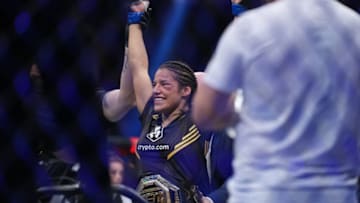 Dec 11, 2021; Las Vegas, Nevada, USA; Julianna Pena is declared the winner by submission against Amanda Nunes during UFC 269 at T-Mobile Arena. Mandatory Credit: Stephen R. Sylvanie-USA TODAY Sports