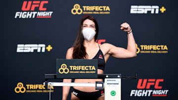 LAS VEGAS, NEVADA - SEPTEMBER 18: In this handout image provided by UFC,Mackenzie Dern poses on the scale during the UFC Fight Night weigh-in at UFC APEX on September 18, 2020 in Las Vegas, Nevada. (Photo by Chris Unger/Zuffa LLC via Getty Images)