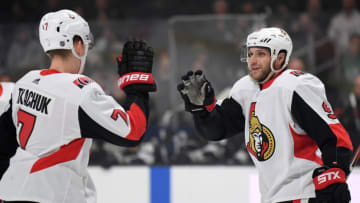 LOS ANGELES, CALIFORNIA - MARCH 11: Bobby Ryan #9 of the Ottawa Senators celebrates his goal with Brady Tkachuk #7, to take a 1-0 lead over the Los Angeles Kings, during the first period at Staples Center on March 11, 2020 in Los Angeles, California. (Photo by Harry How/Getty Images)