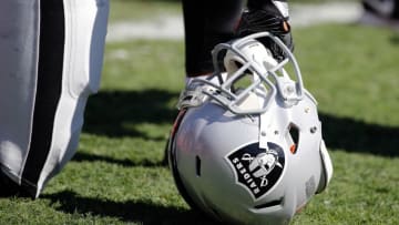 Oct 30, 2016; Tampa, FL, USA; A detailed view of an Oakland Raiders helmet on the field prior to the game at Raymond James Stadium. Mandatory Credit: Kim Klement-USA TODAY Sports