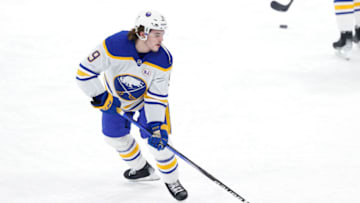 Nov 17, 2023; Winnipeg, Manitoba, CAN; Buffalo Sabres left wing Zach Benson (9) warms up before a game against the Winnipeg Jets at Canada Life Centre. Mandatory Credit: James Carey Lauder-USA TODAY Sports